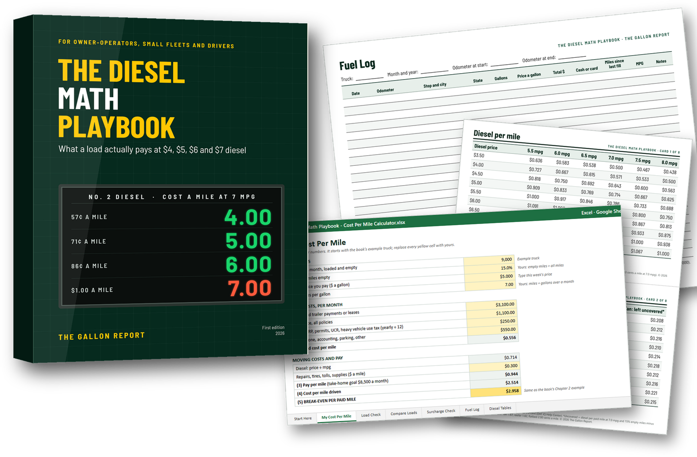 The Diesel Math Playbook with the cost-per-mile calculator, fuel log and quick cards